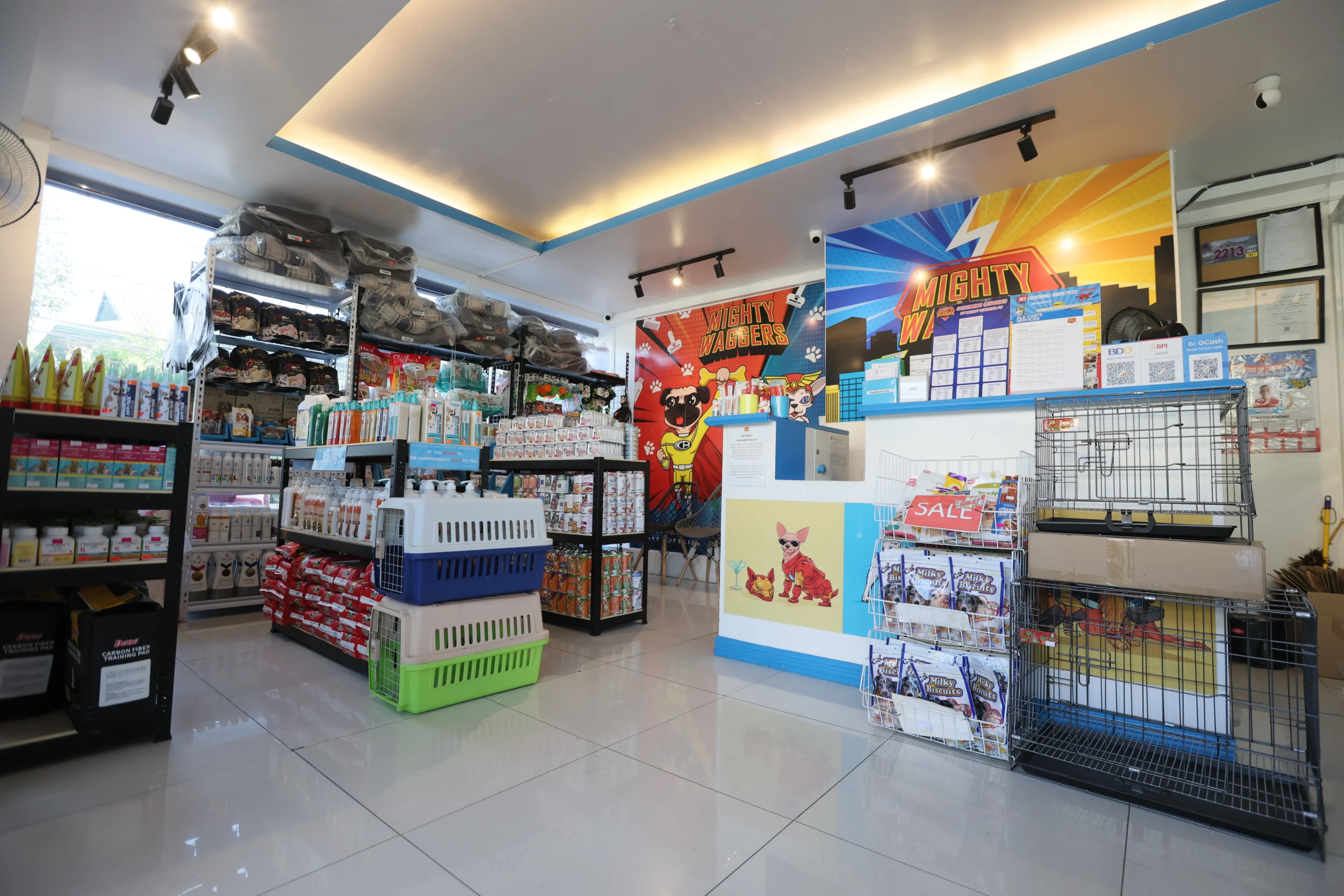 Inside Mighty Waggers pet shop with treats and supplies