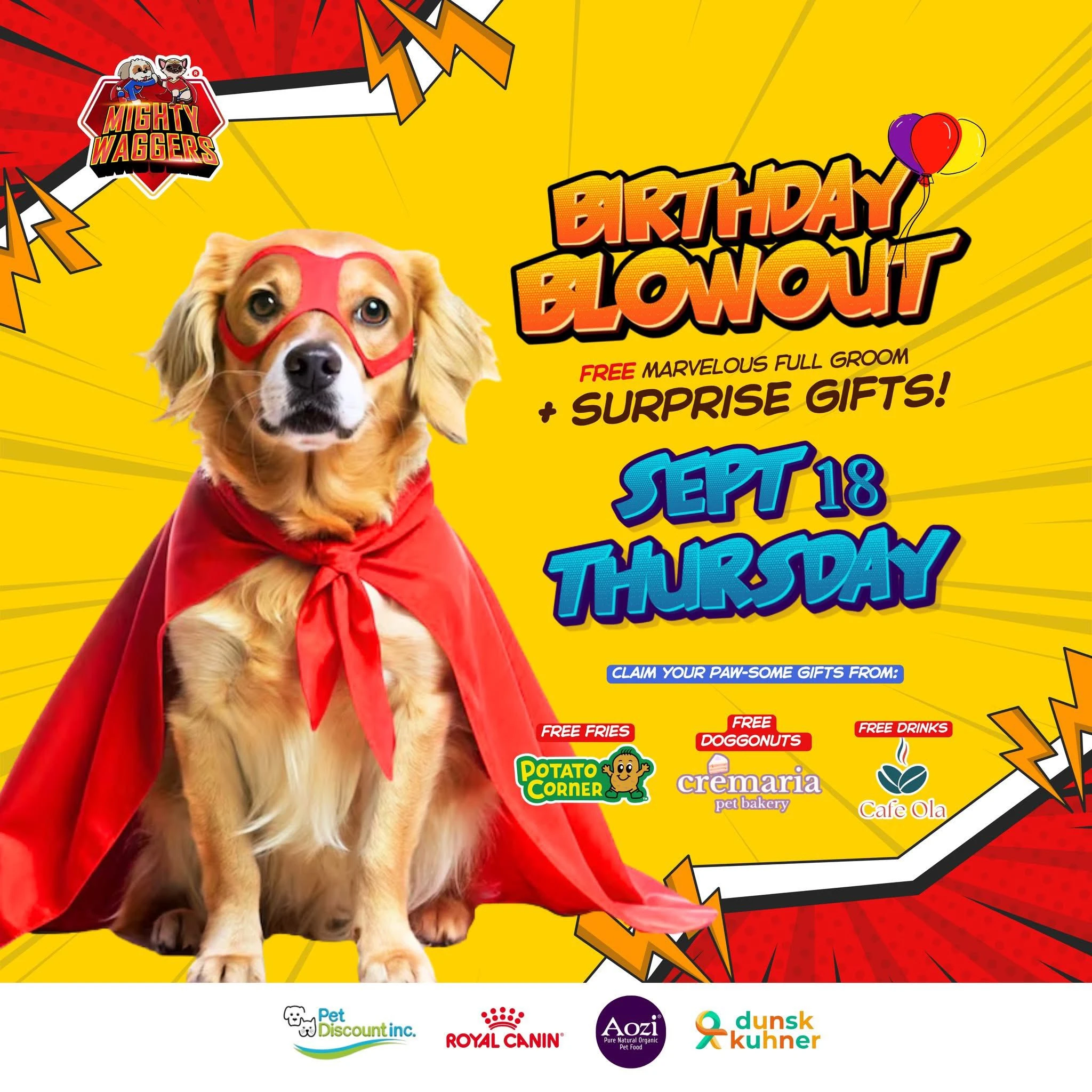 Superhero dog in cape and mask promoting the Mighty Waggers 3rd Birthday Blowout 2025 event for free grooming and treats.