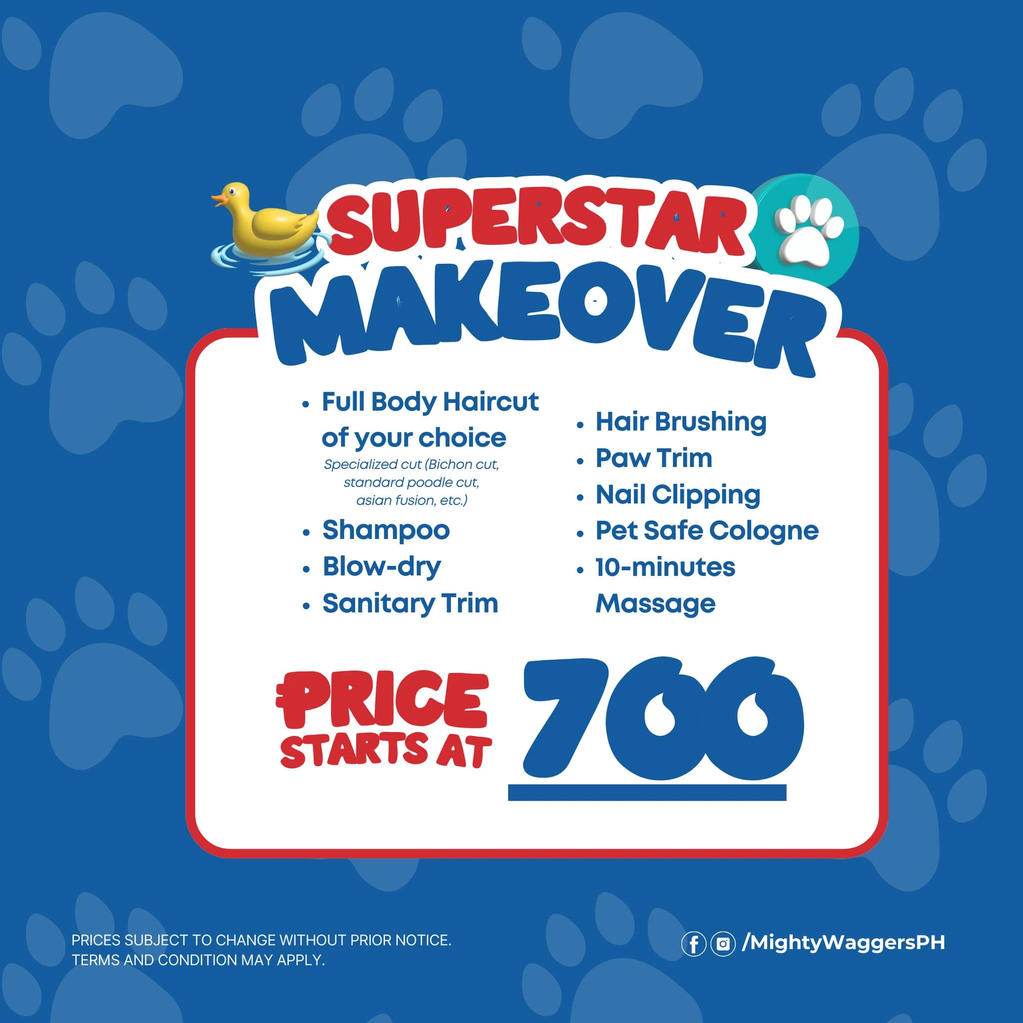Superstar grooming makeover service package card at Mighty Waggers