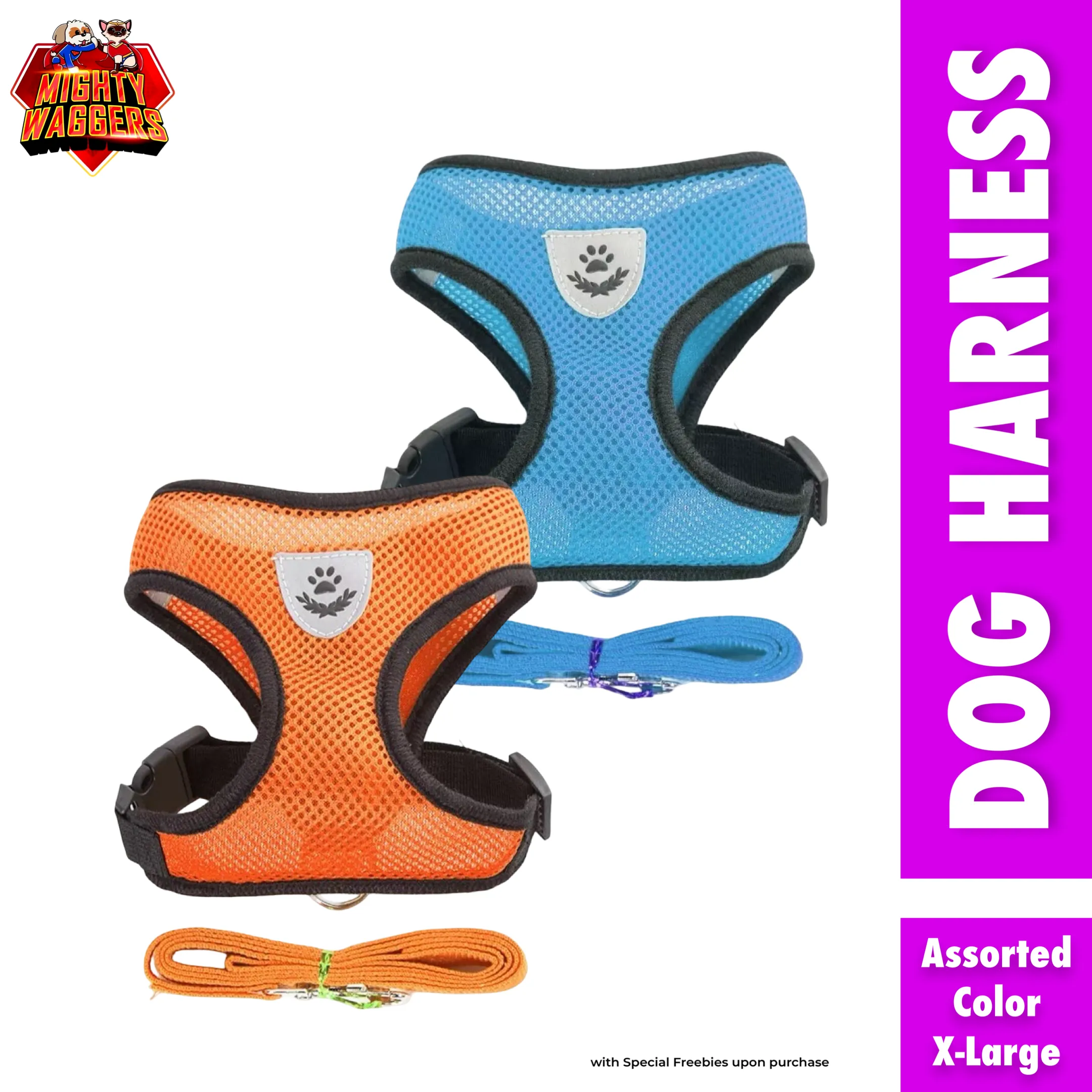 X-Large Mesh Dog Harness and Leash Set (Orange and Blue)