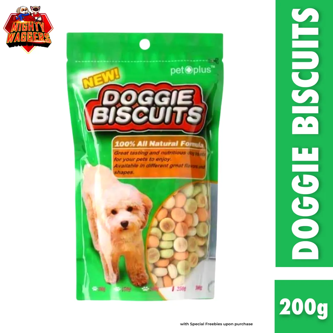 Pet Plus Doggie Biscuits in a round, multi-color shape, 100% All-Natural formula (200g)